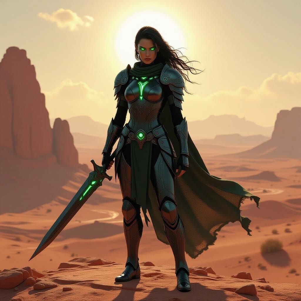 Female Warrior Overlooking Alien Desert Landscape