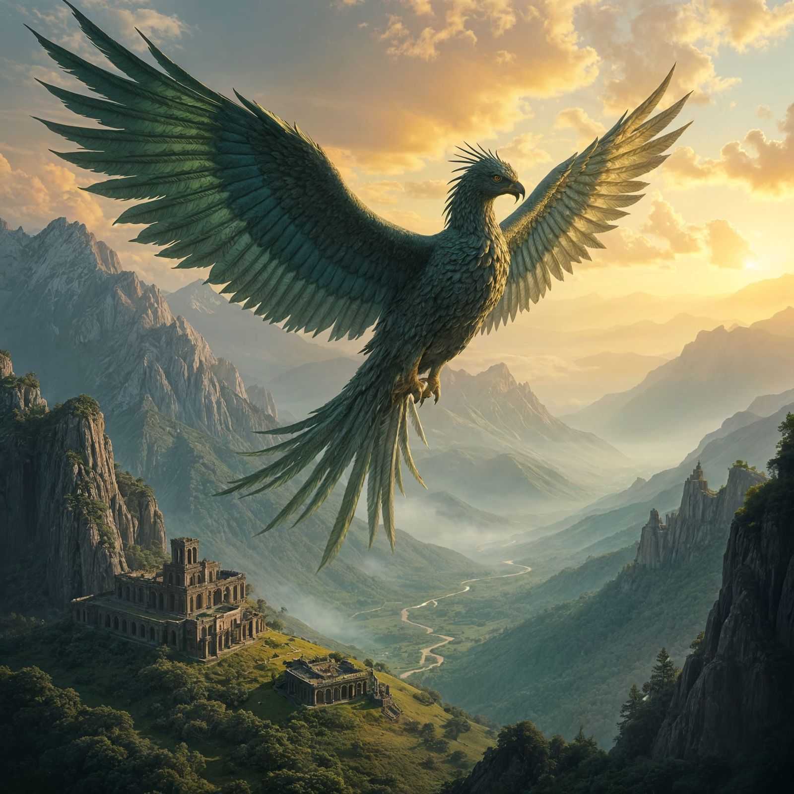 Celtic Griffin Soaring Over Misty Mountains