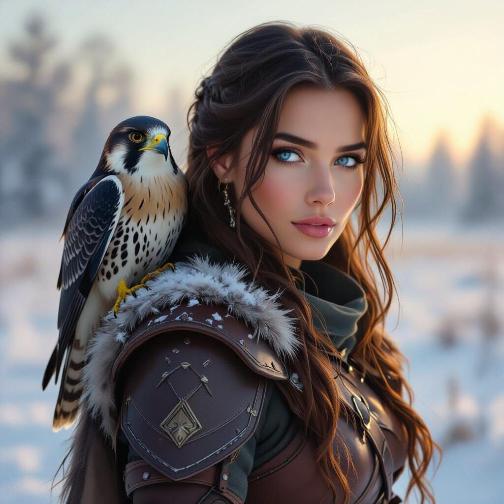 Female Ranger with Falcon in Winter Meadow Digital Painting