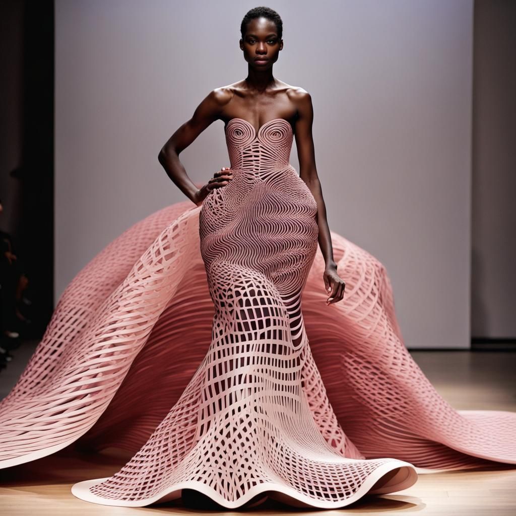 Haute Couture Dress with Laser-Cut Wave Design