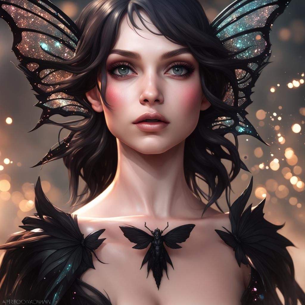 Little Dark Fairy with Black Wings, Cel-Shaded Portrait