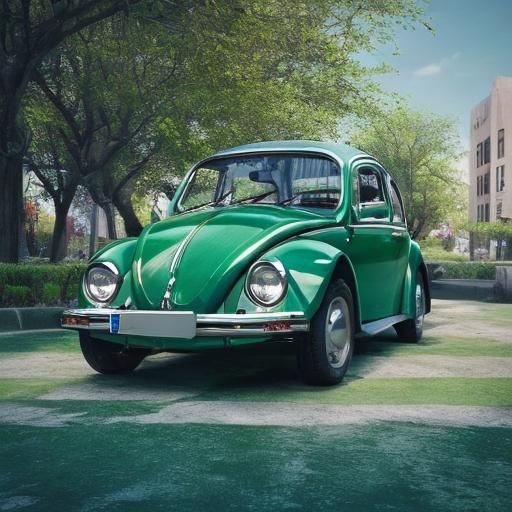 Emerald Green 1985 Volkswagen Beetle in Vibrant Oil Painting...