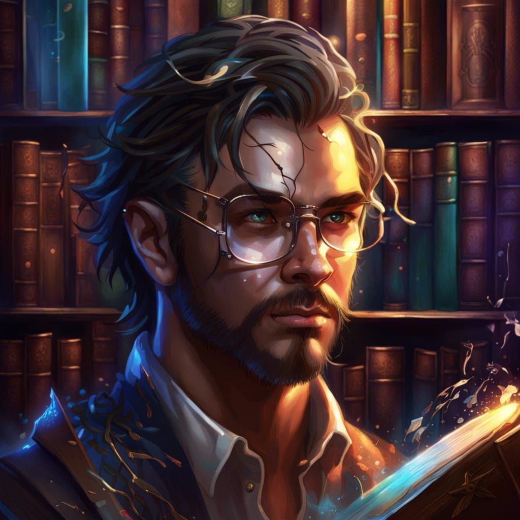 Magical Man in Library: Hyperrealistic Concept Art