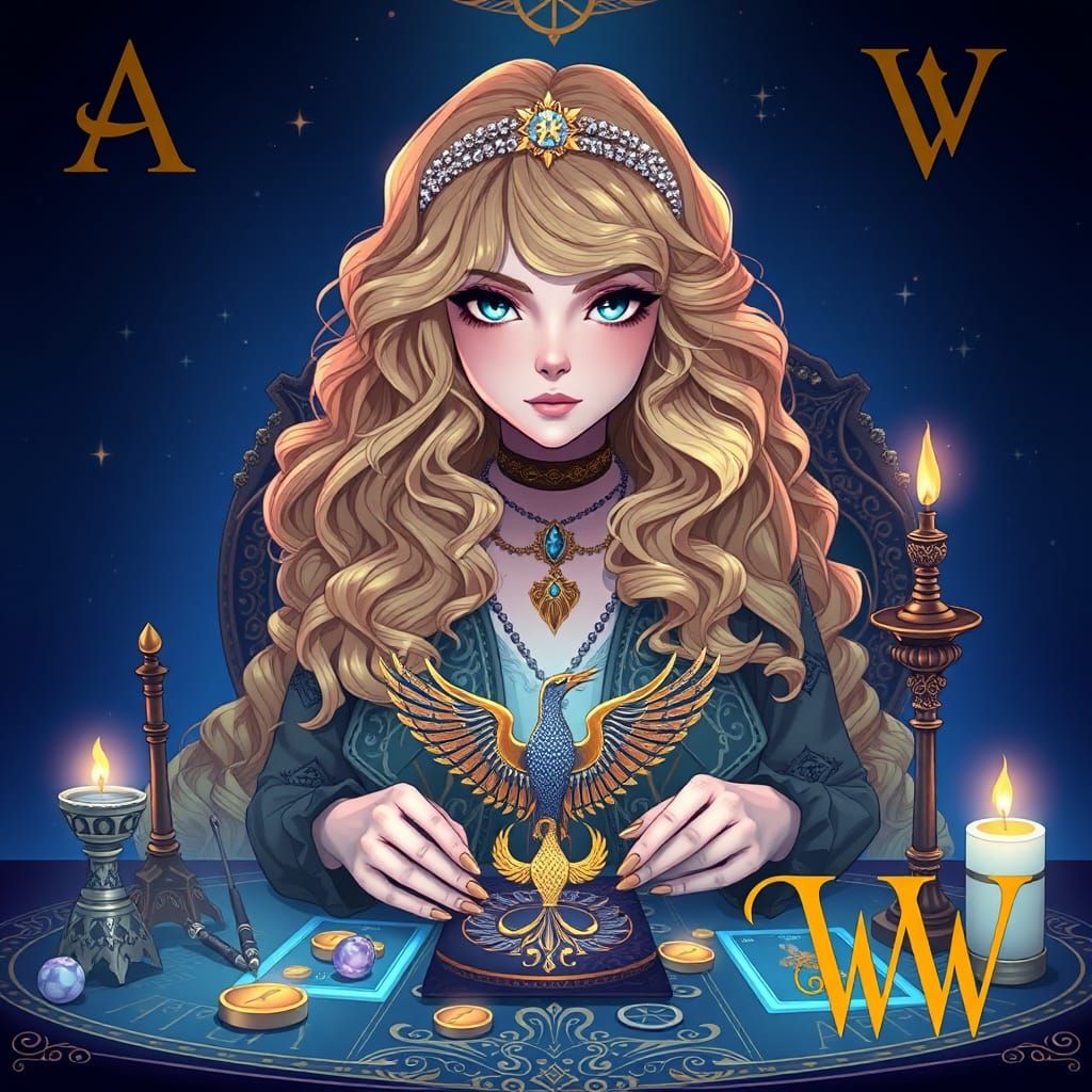 Anime Tarot Reader with Phoenix and Golden Initials