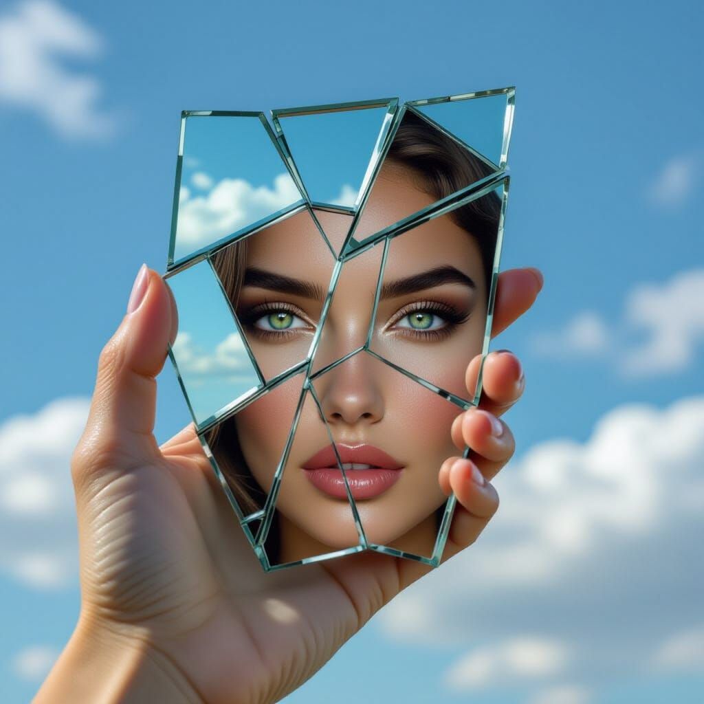 Woman's Face Reflected in Broken Mirror Held Against Cloudy ...