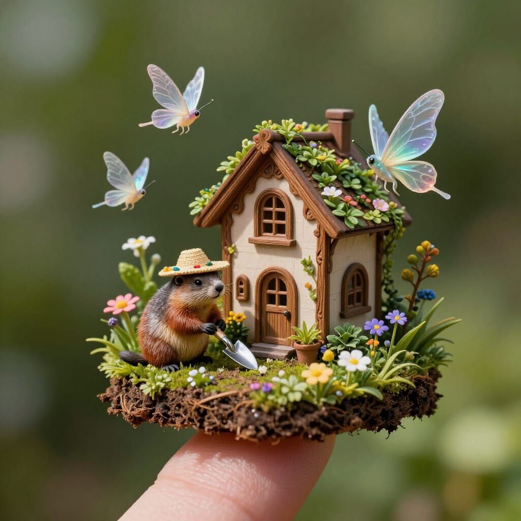 Tiny House and Garden on Finger with Fairies and Groundhog