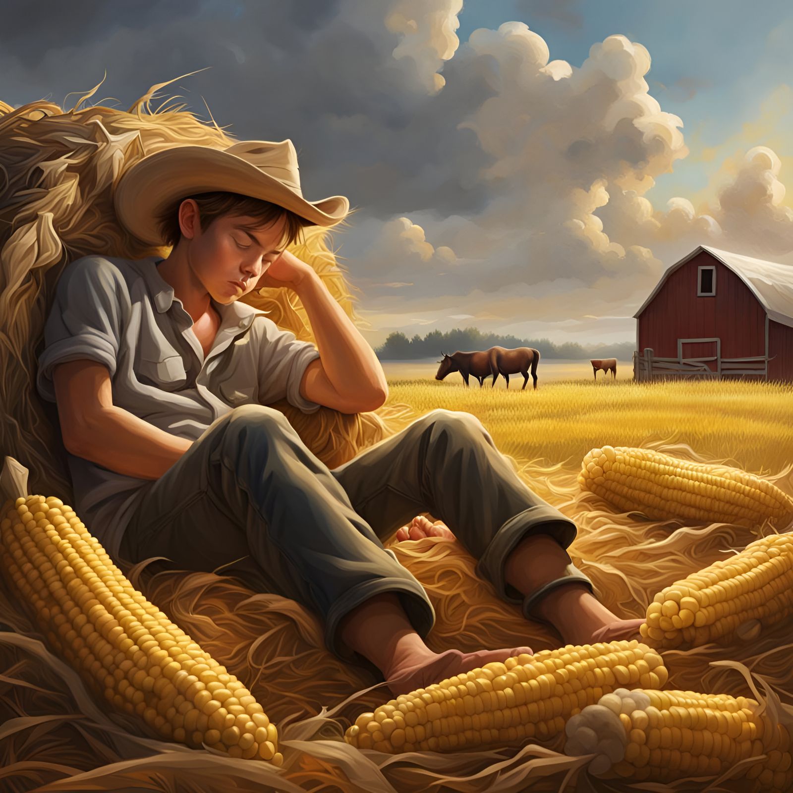 Farm Boy Asleep in Hay, Hyperrealistic