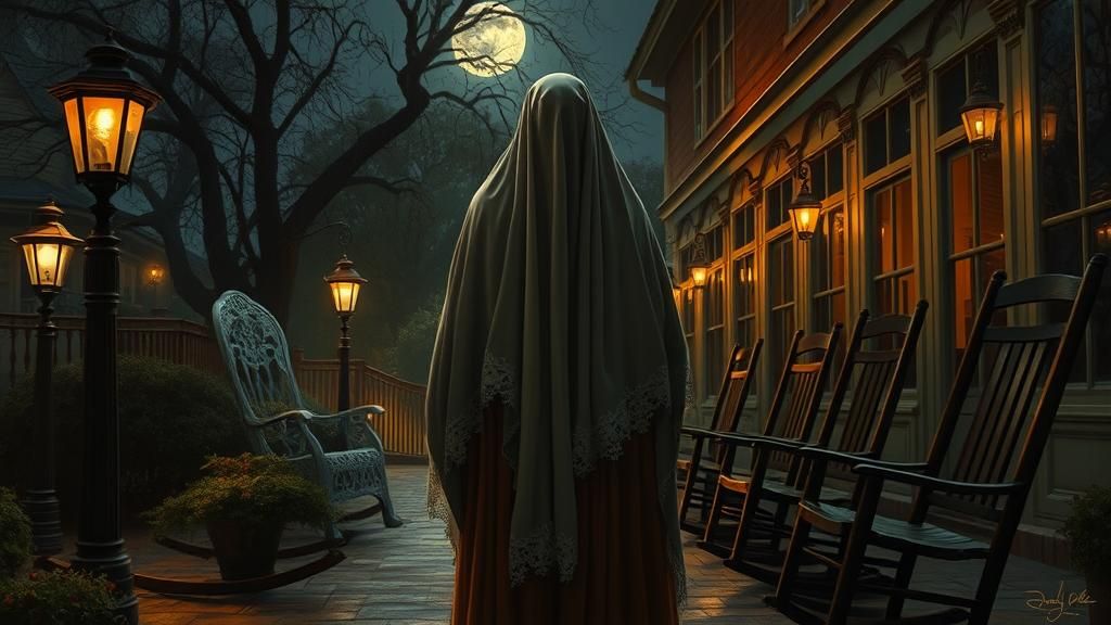 Veiled Woman in Moonlit Courtyard as Oil Painting
