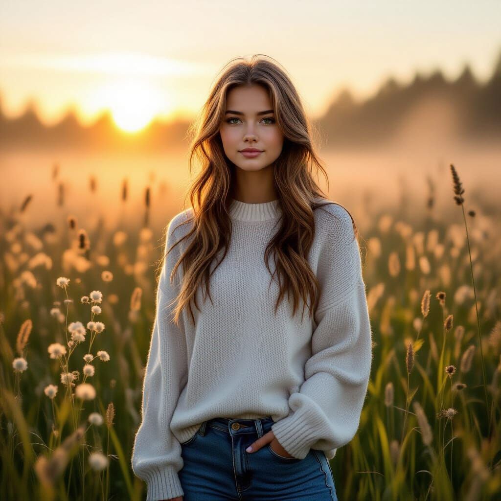 Girl in Misty Meadow at Dawn