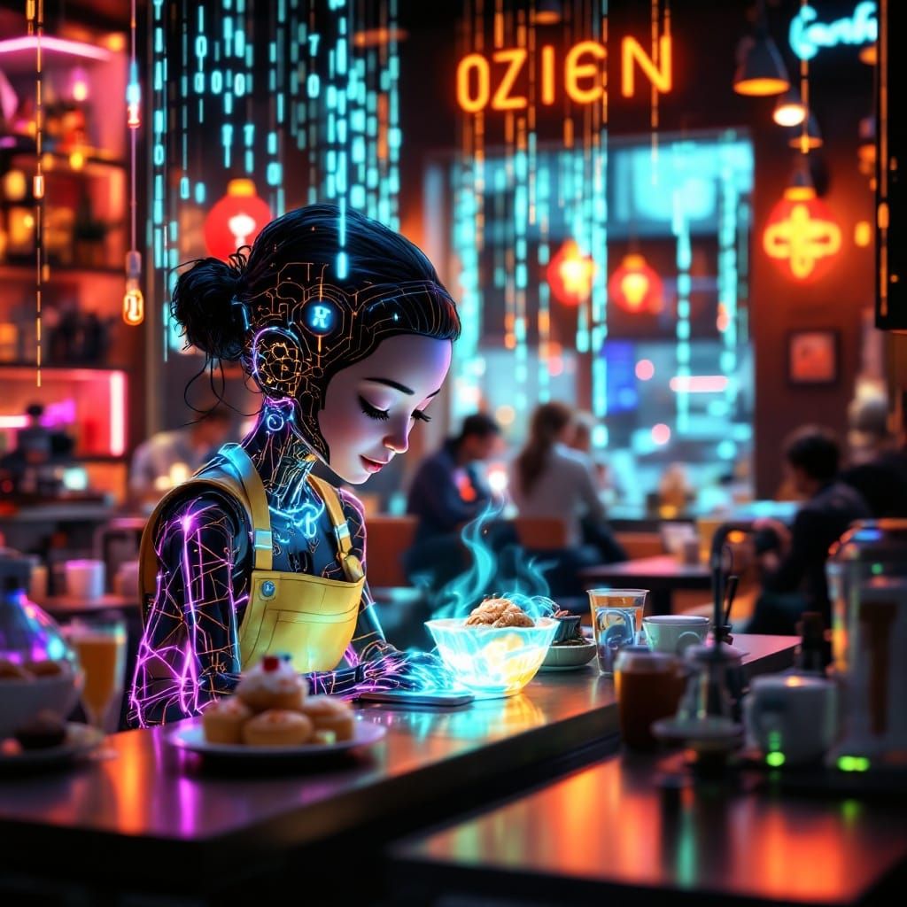 Vibrant Futuristic Café: Cyberpunk CGI Cartoon Wonderland