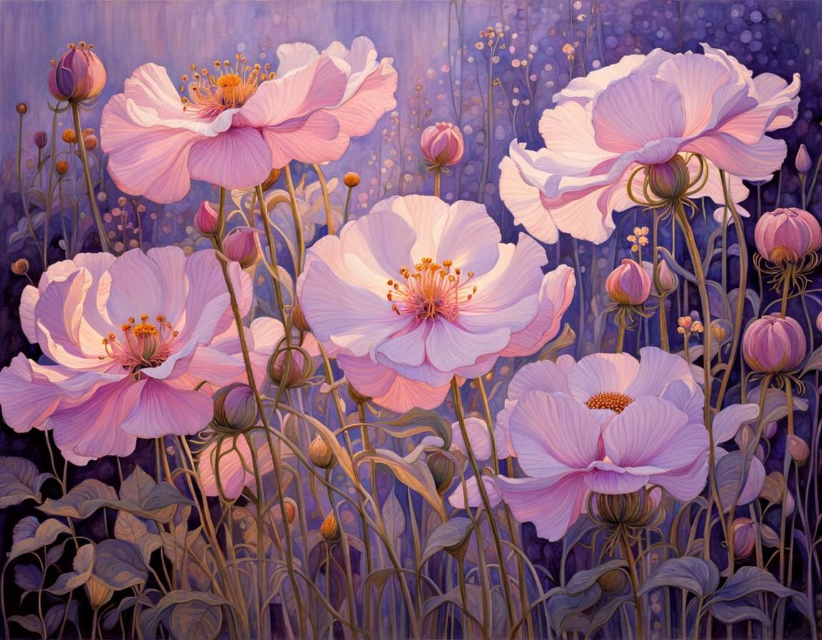 Pink Translucent Flowers in Art Nouveau Style