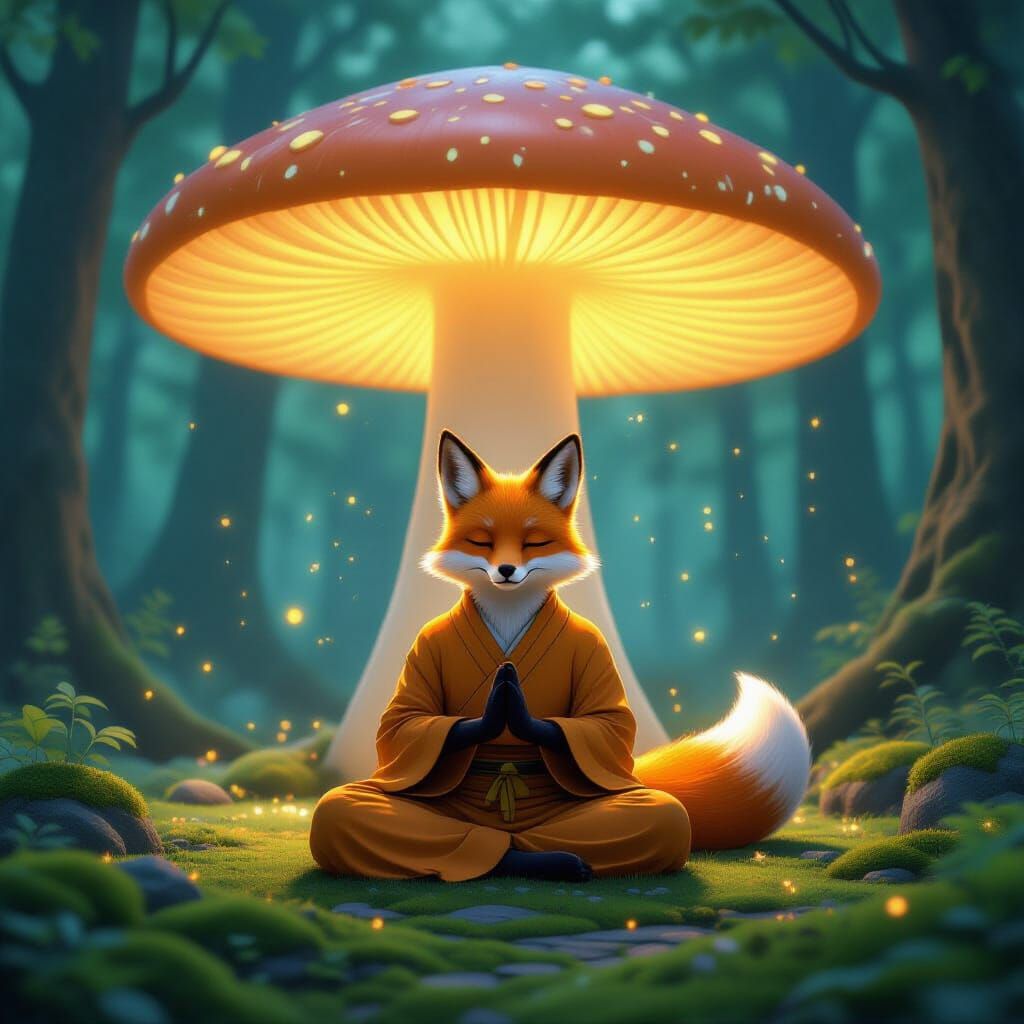 Fox Monk Meditates Under Bioluminescent Mushroom in Mystical...