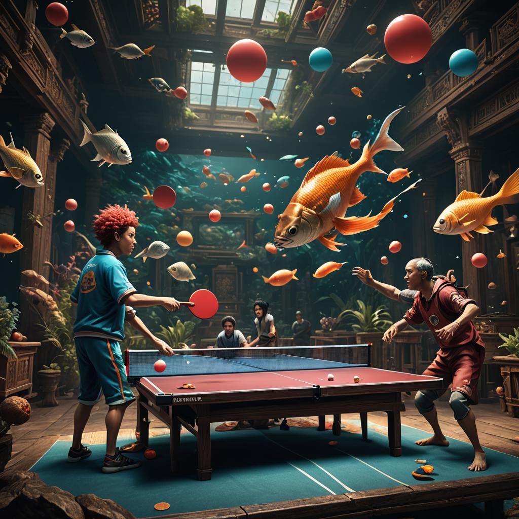 Human Fish Plays Ping Pong: Detailed Fantasy Art