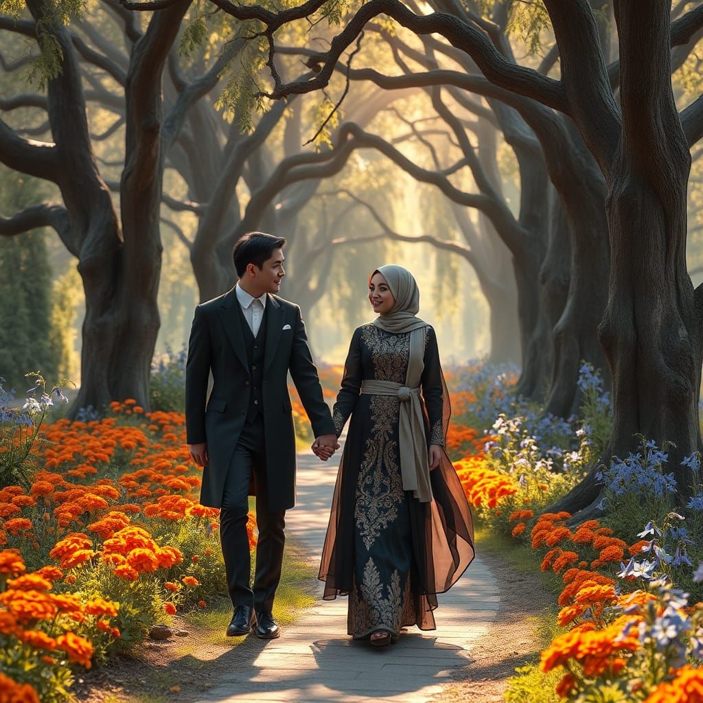 Enchanted Garden Stroll: A Timeless Romance in Digital Art