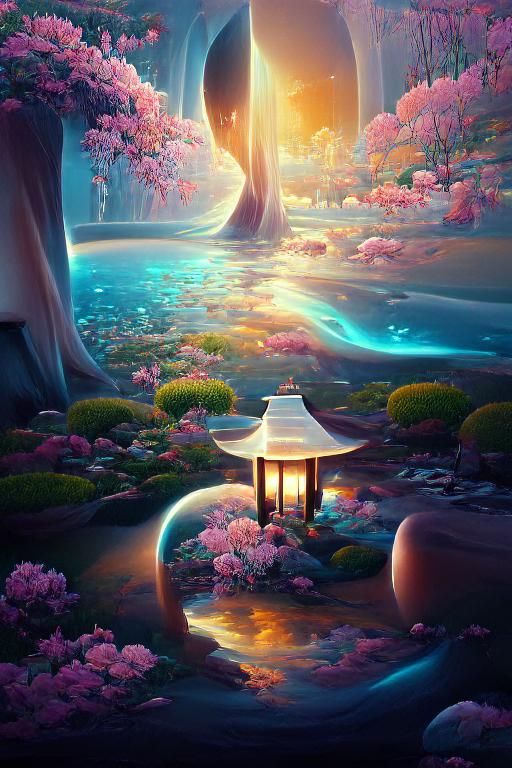 Astral Zen Garden Lake with Cherry Blossoms