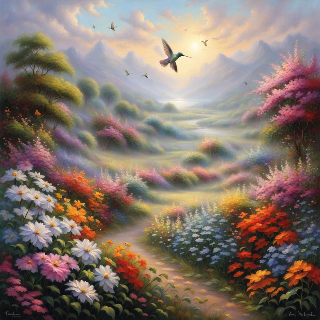 Hummingbird in Ethereal Floral Fantasy Landscape