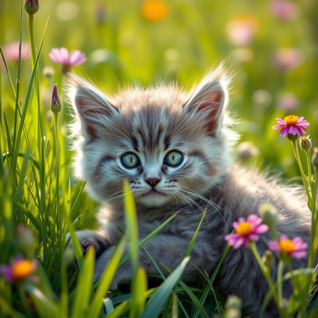 Adorable Gray Kitten in Lush Meadow: Hyper-Realistic Pet Pho...