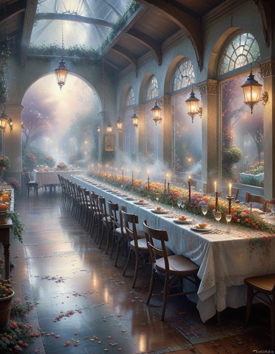 Ethereal Watercolor Feast in a Misty Landscape