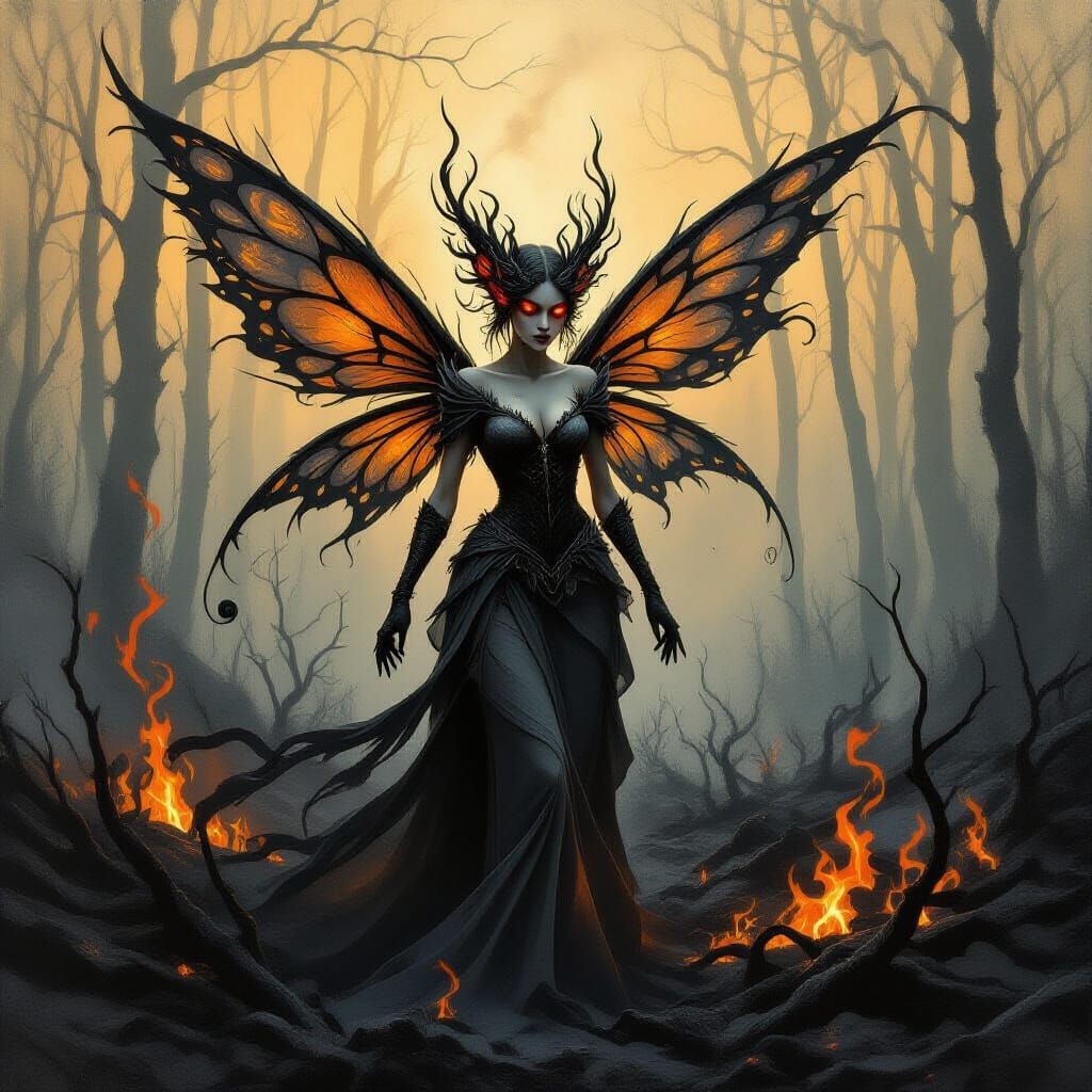 Smoldering Ash Fairy Rises in Dark Fantasy Scene