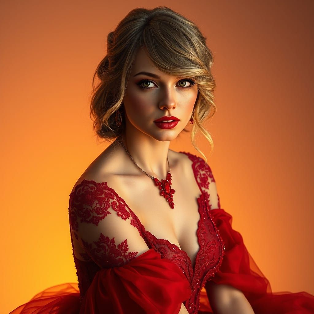 Taylor Swift in Crimson Red Evening Gown, Art Nouveau Flair