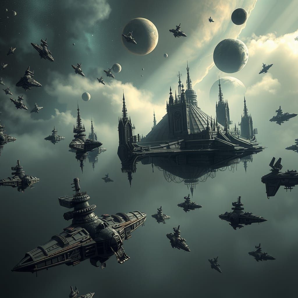Gothic Space Station Armada in Kinetic Pointillism Style