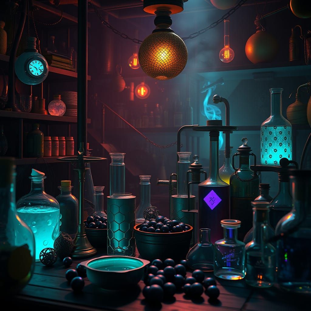 Mystical Laboratory in a Fantasy World with Detailed Glasswa...