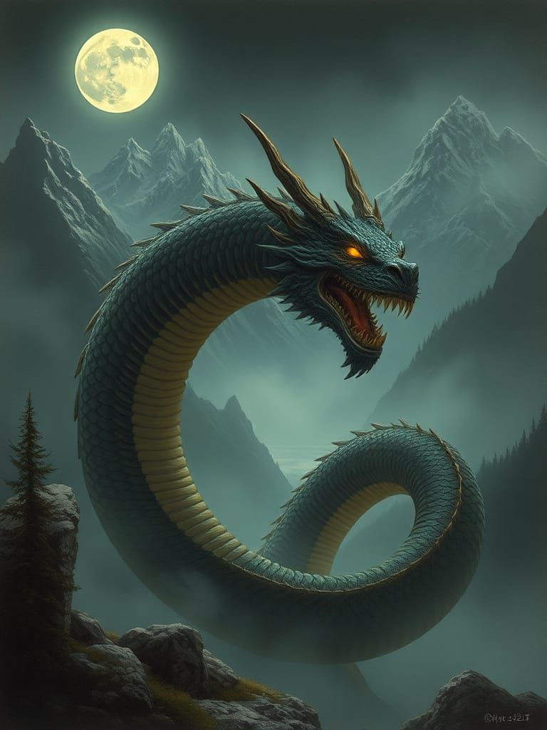 Mystical Alpine Dragon in Atmospheric Landscape