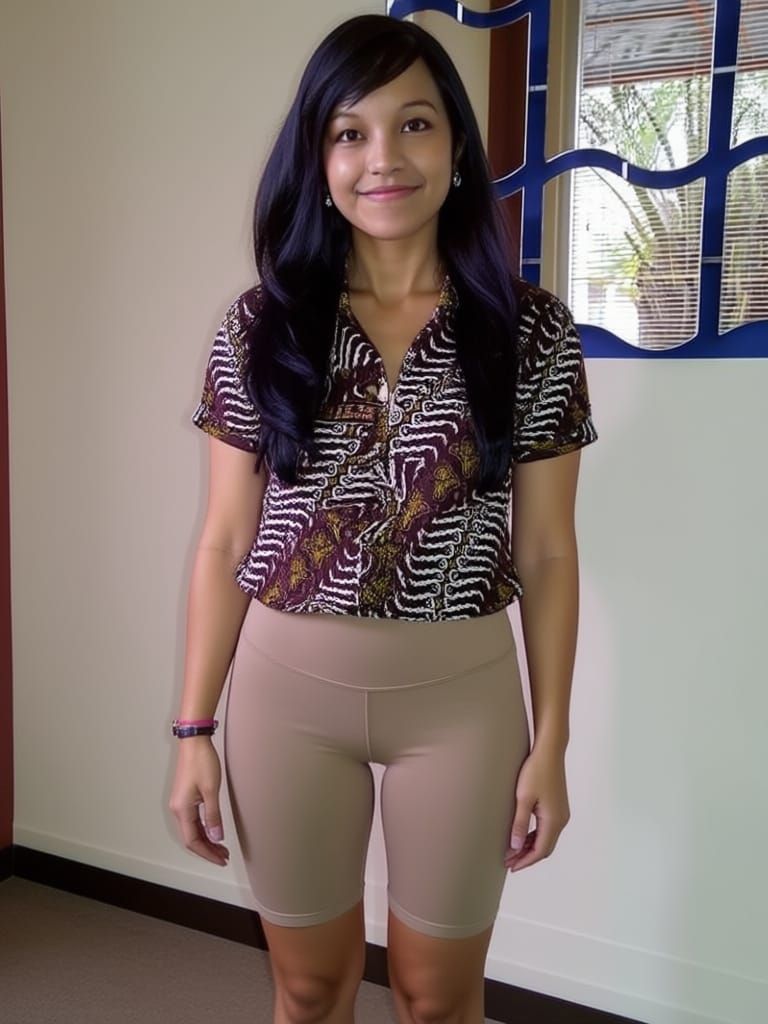 Woman in Light Brown Leggings with Untucked Blouse