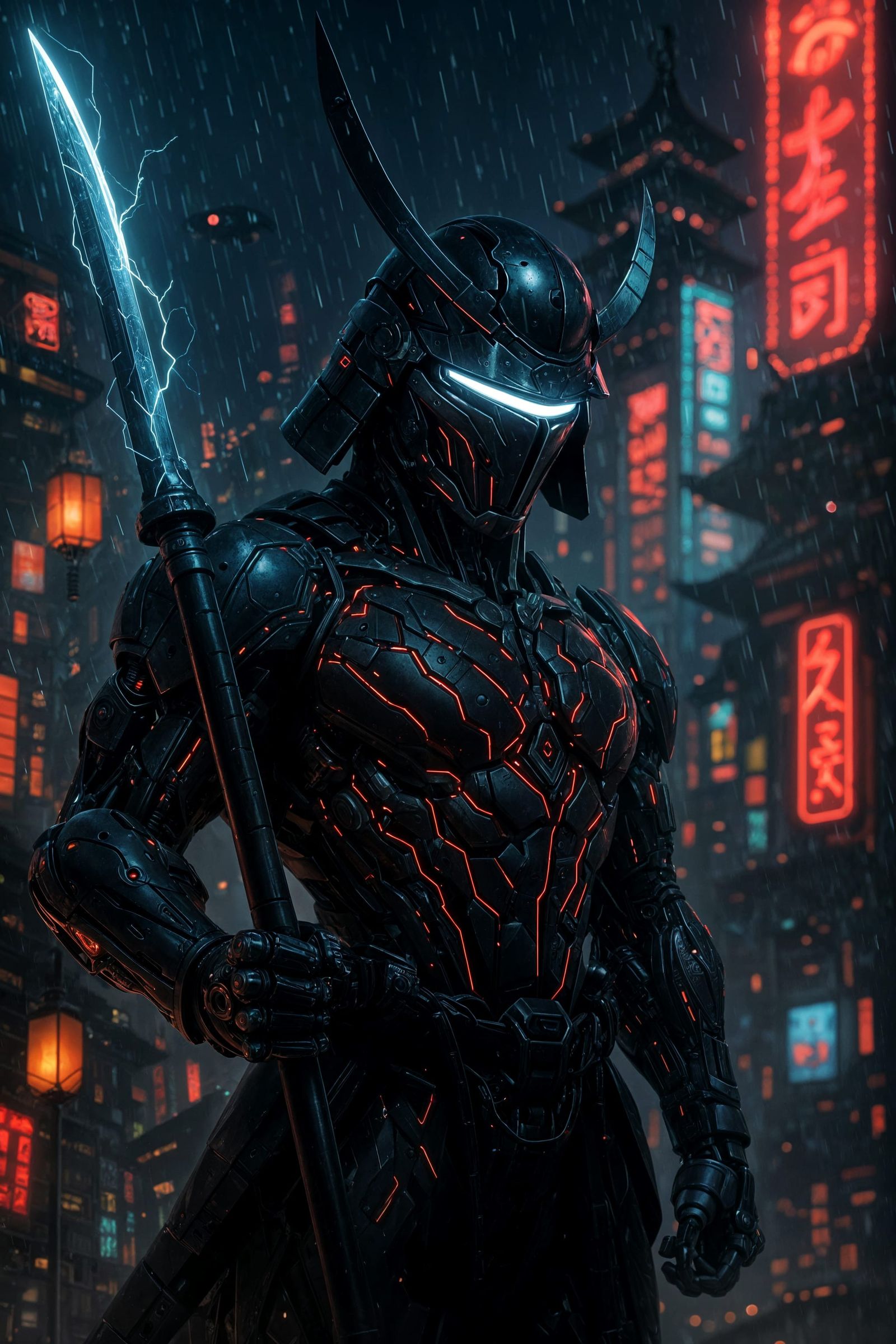 Futuristic Cyber-Samurai Warrior in Biomechanical Armor
