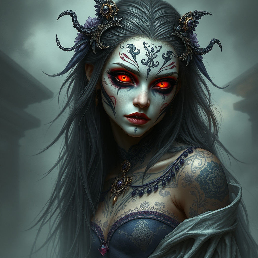 Ethereal Wraith Goddess in Dark Crimson and Gold