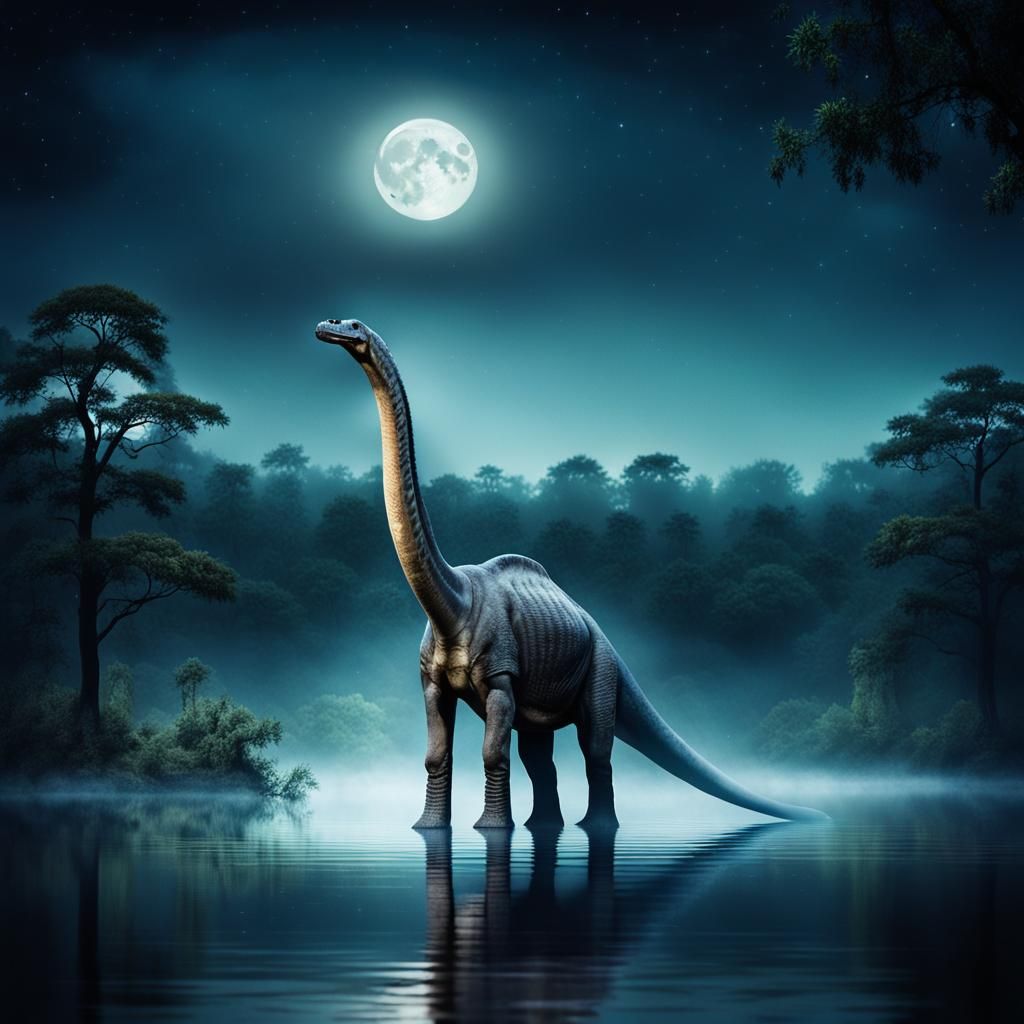 Majestic Brachiosaurus Under Nighttime Forest Sky