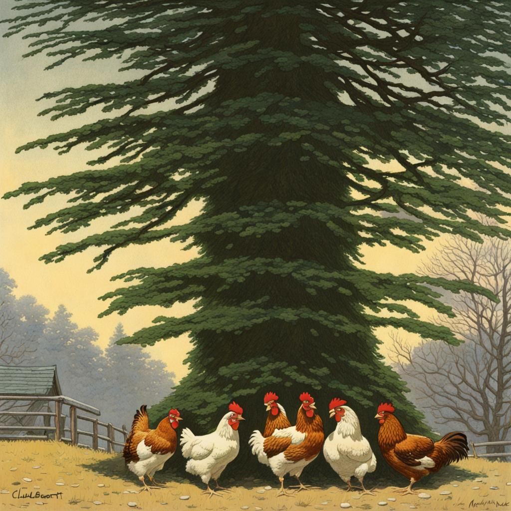 16k resolution, art by Hasui Kawase, Claude Monet, Syd Mead, chickens roosting in Christmas tree laying eggs