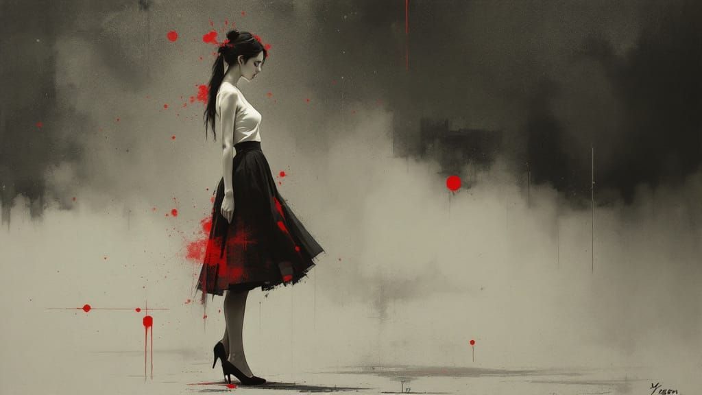 Lone Figure in Hazy Atmosphere and Abstract Symbols