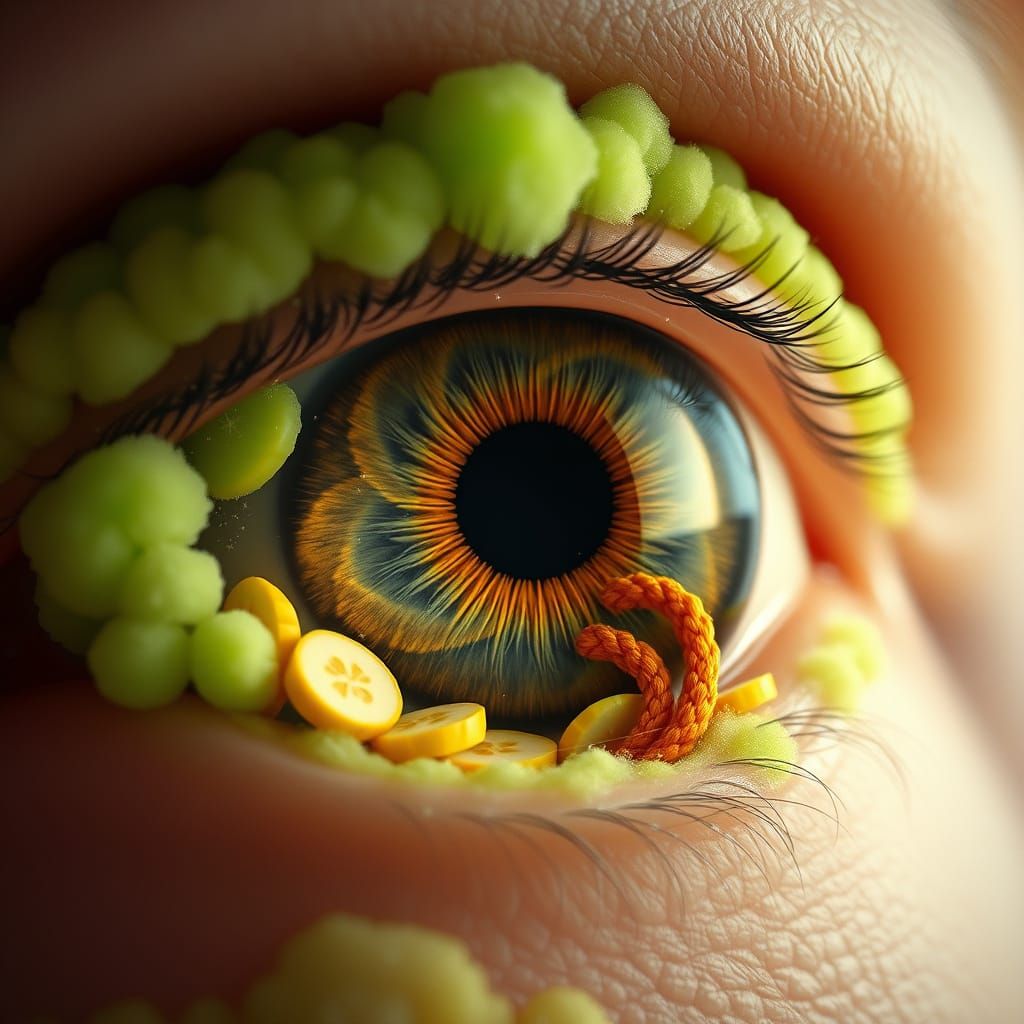 Surreal Eye Filled with Celestial Bodies and Tropical Fruits...