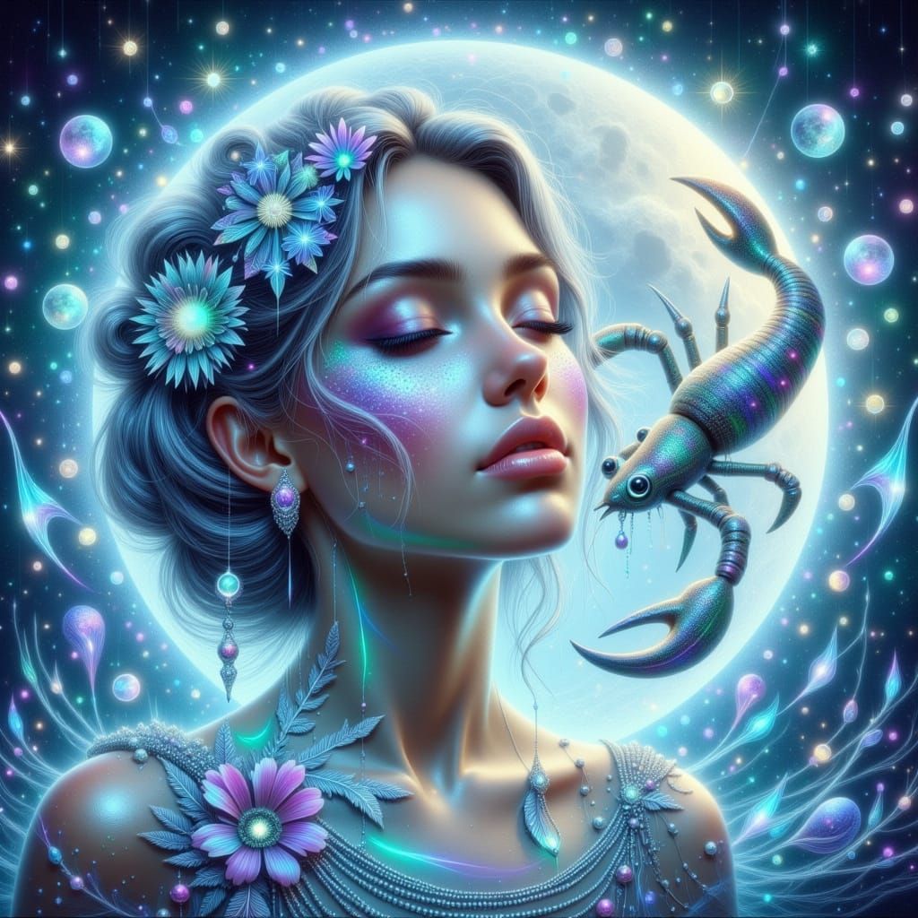 Dreamy Cancer Zodiac Portrait in Ethereal Impasto Style