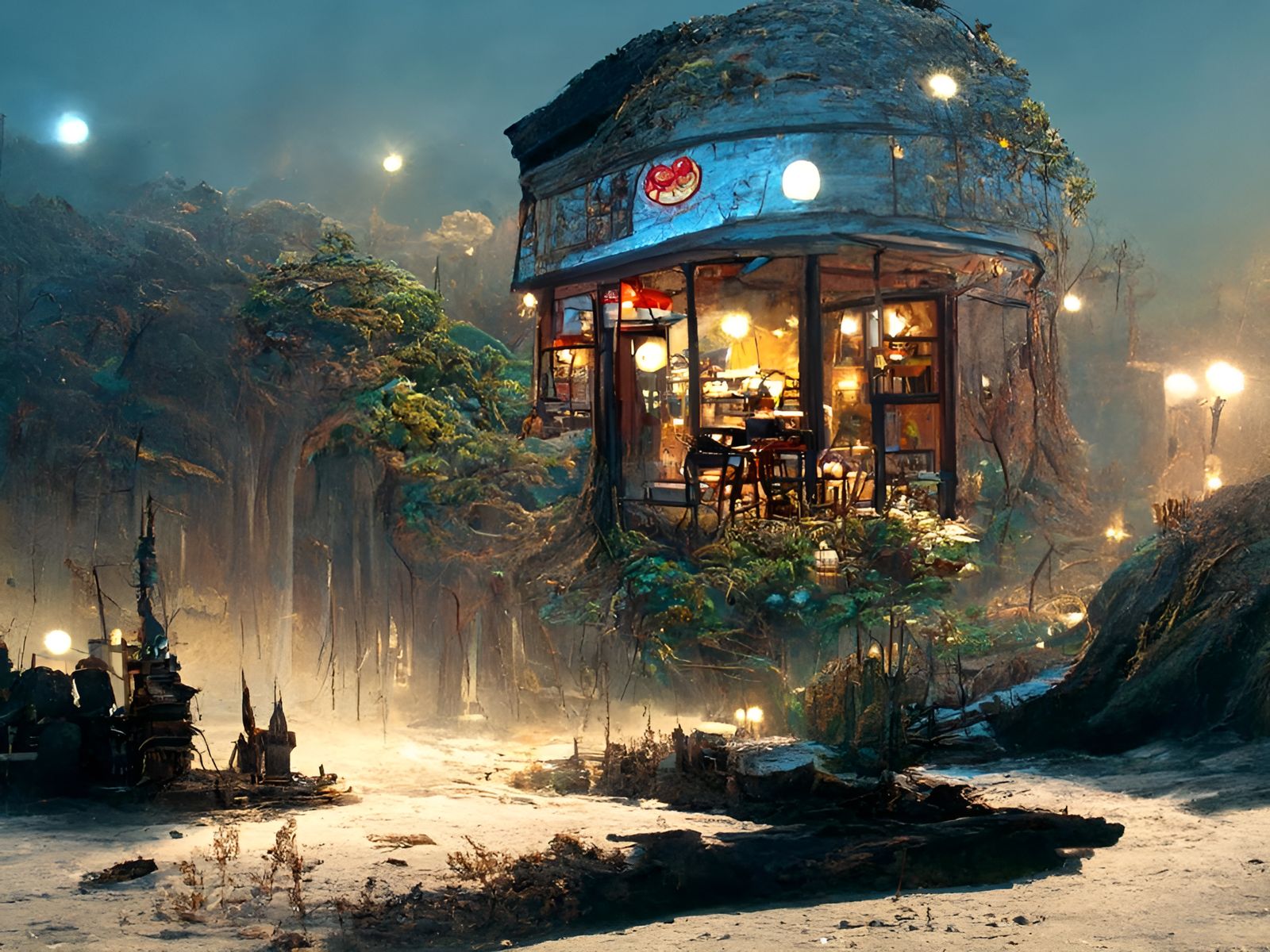 Serene Night Cafe Painting in Ghibli Style