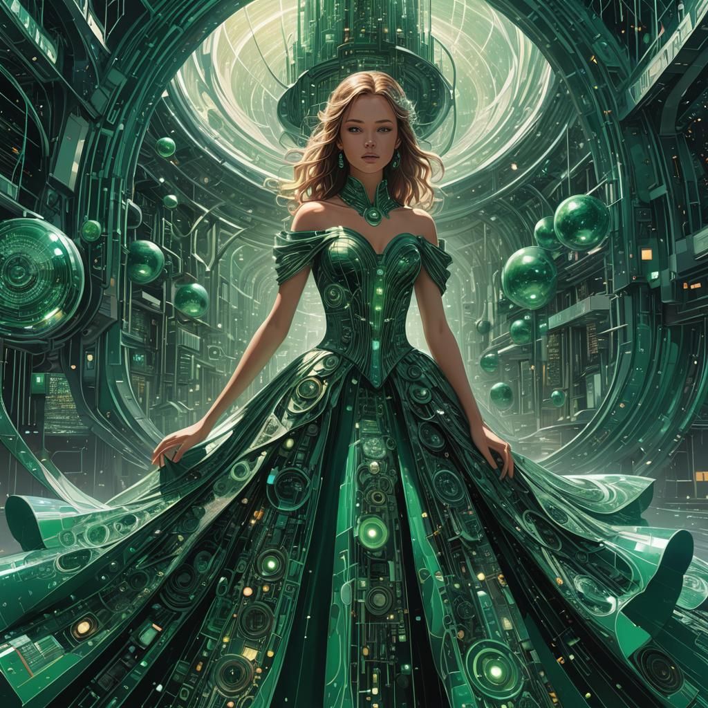 Girl in Circuit Board Dress, Cyberpunk Digital Art