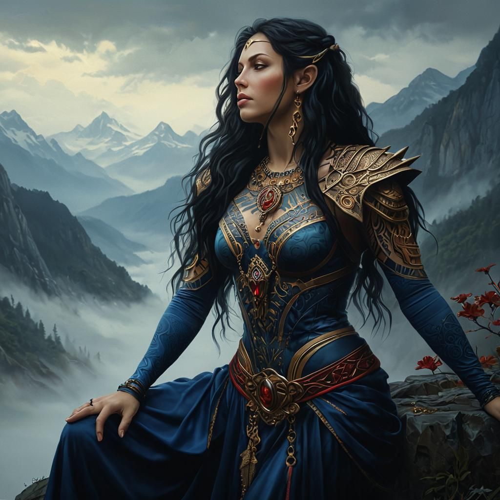 Boho Goddess Portrait in Gold and Blue