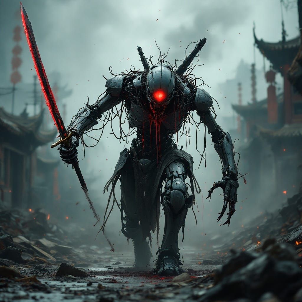 Cyberpunk Robot Zombie in Abandoned Chinese Cityscape