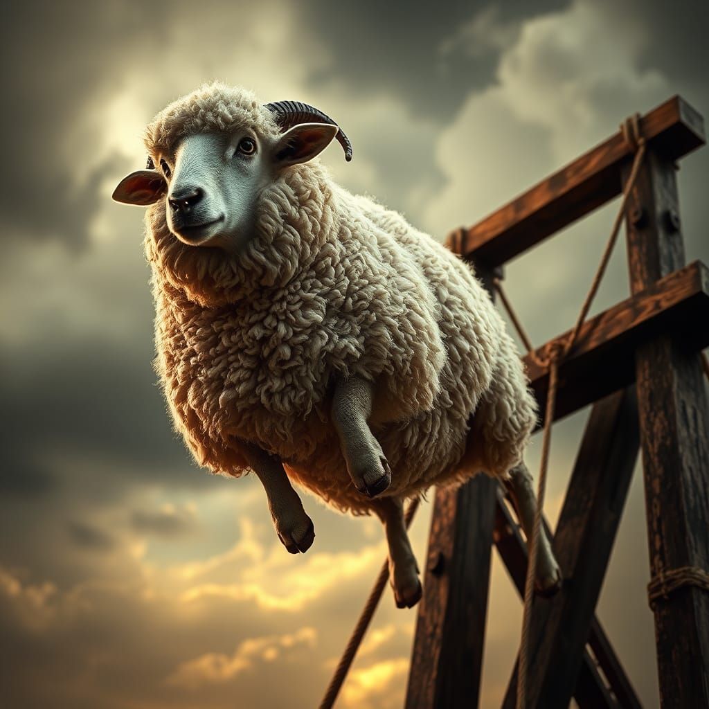 Sheep Soaring from Catapult in Hyperrealistic Style