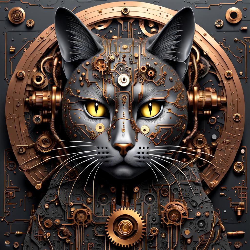 Steampunk Cat Face Composed of Printed Circuits