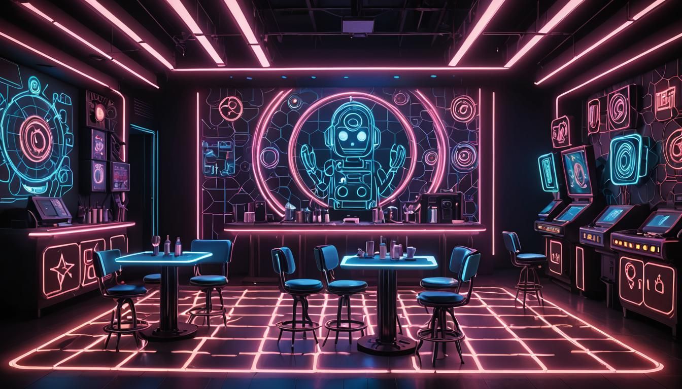 A futuristic comedy club where an AI comedian, with a sleek metallic appearance and glowing eyes, stands on a stage