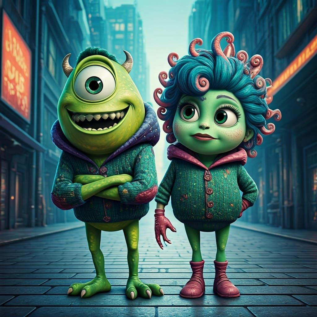 Mike and Celia in a Whimsical Cityscape