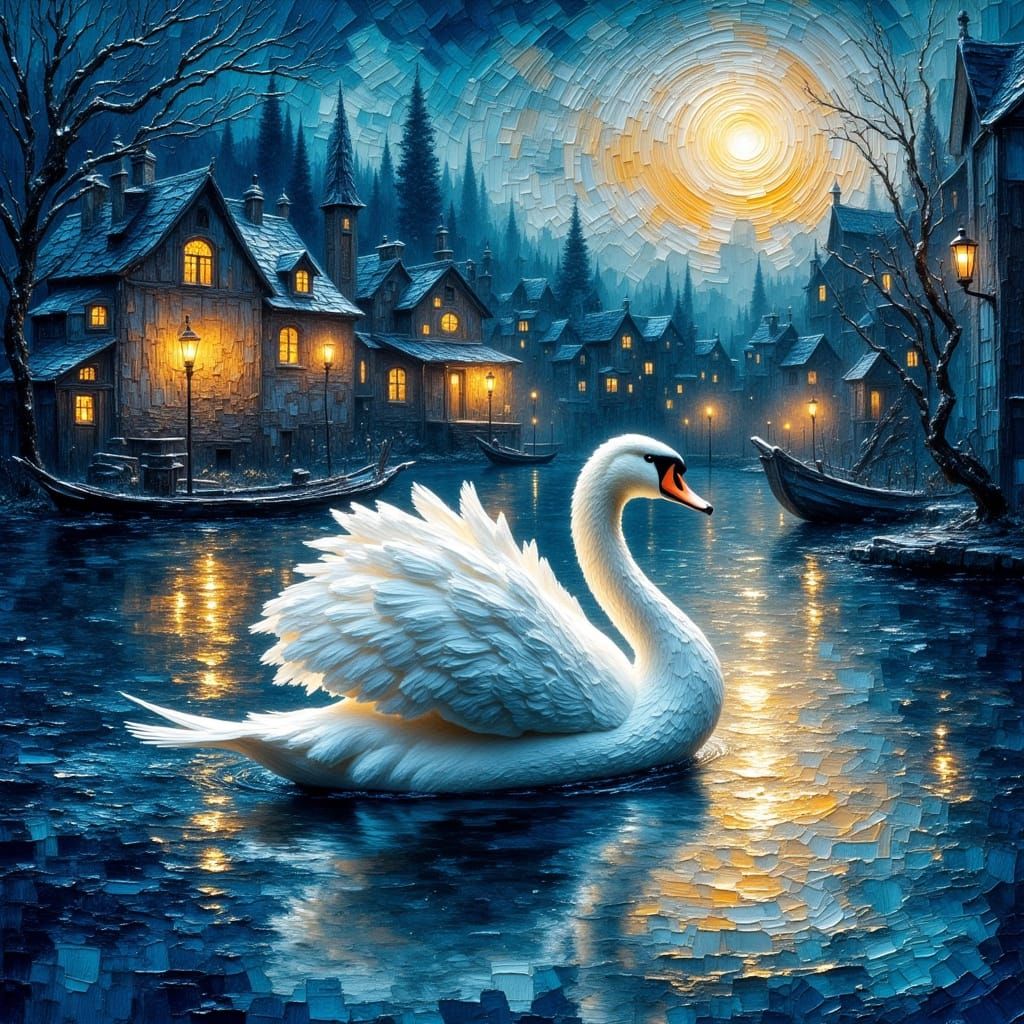 A majestic swan glides across a shimmering