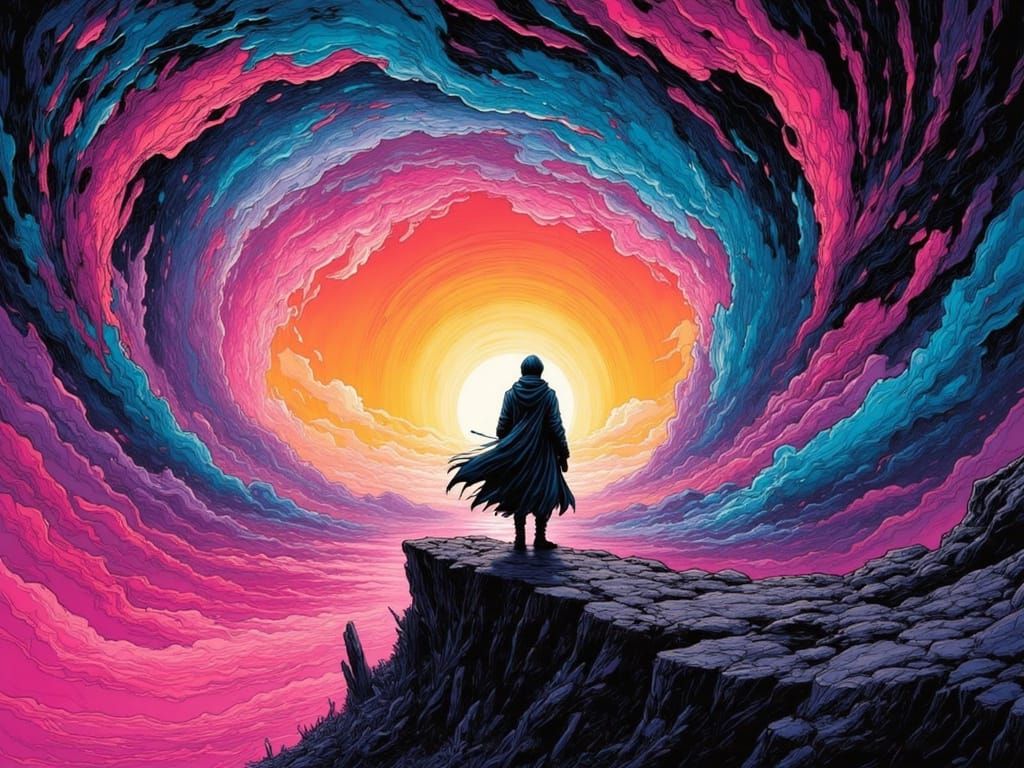 Defiant Figure Confronts Chaotic Neon Vortex