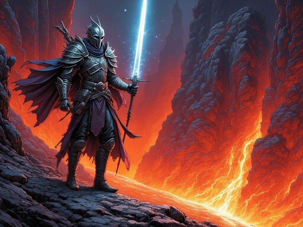 Epic Fantasy Warrior on Lava Chasm Precipice