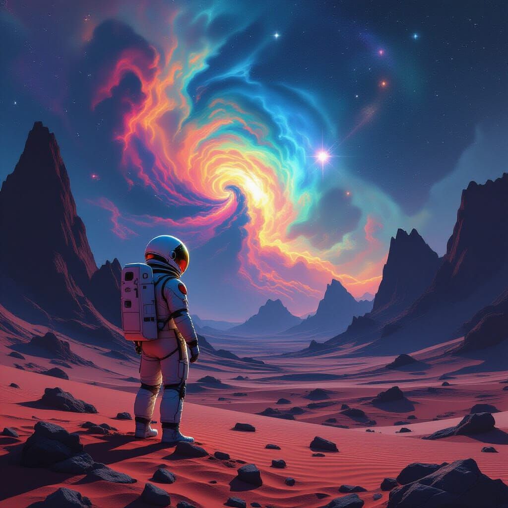 Astronaut Gazes at Nebula on Alien World