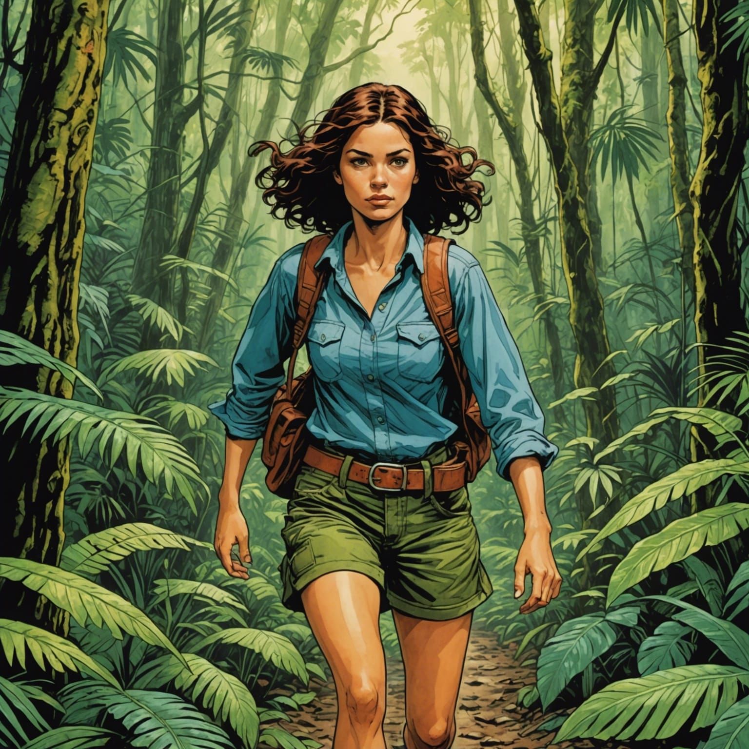 Adventuress Navigates Rainforest in Comic Book Style