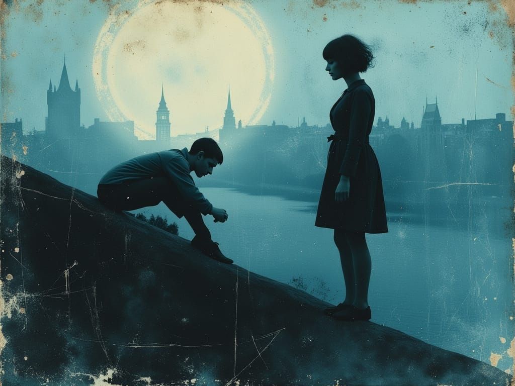 Surrealist Double Exposure of Love Lost Over Cityscape