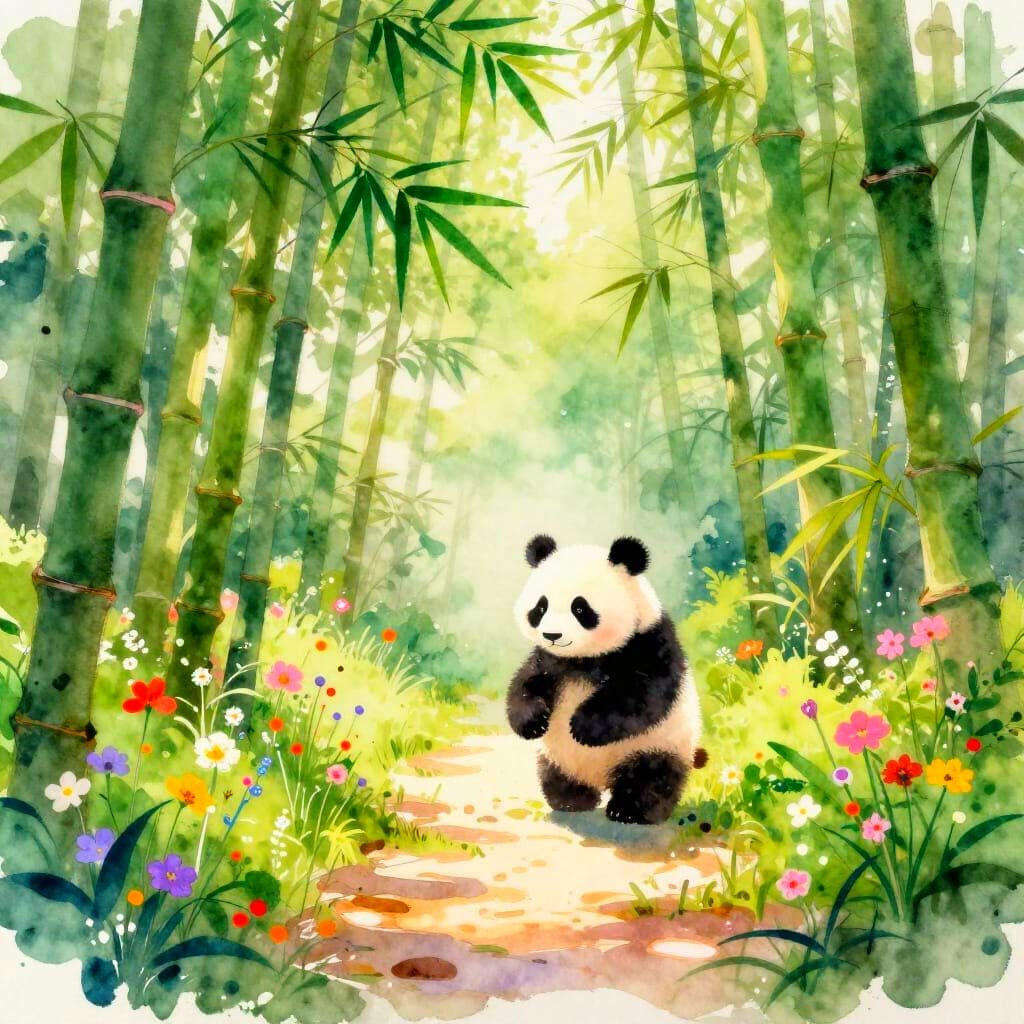 Adorable Panda in Sunlit Bamboo Forest